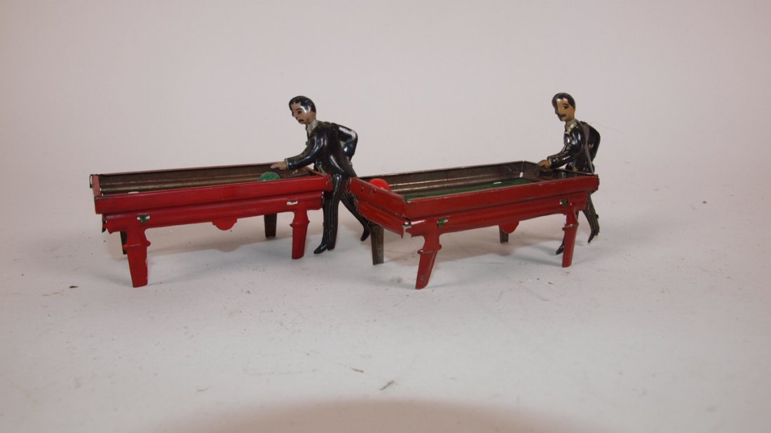 Pair German tin litho penny toys of billiard pool: Pair German tin litho penny toys of billiard pool player