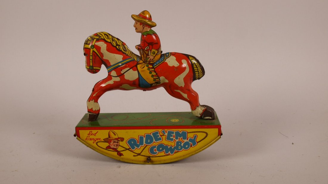 Wyandotte Red Ranger Ride Em Cowboy tin litho wind up: Wyandotte Red Ranger Ride Em Cowboy tin litho wind up toy