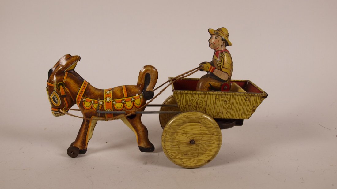 Marx tin litho mule with cart and driver wind up toy: Marx tin litho mule with cart and driver wind up toy