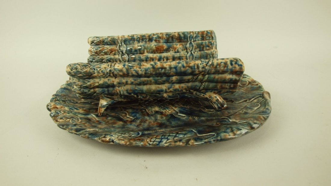 Majolica Longchamp (attributed) asparagus platter and: Majolica Longchamp (attributed) asparagus platter and cradle