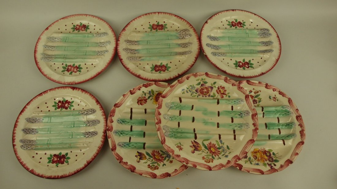 Majolica Longchamp lot of 7 asparagus plates, set of 4: Majolica Longchamp lot of 7 asparagus plates, set of 4 & a set of 3, various condition