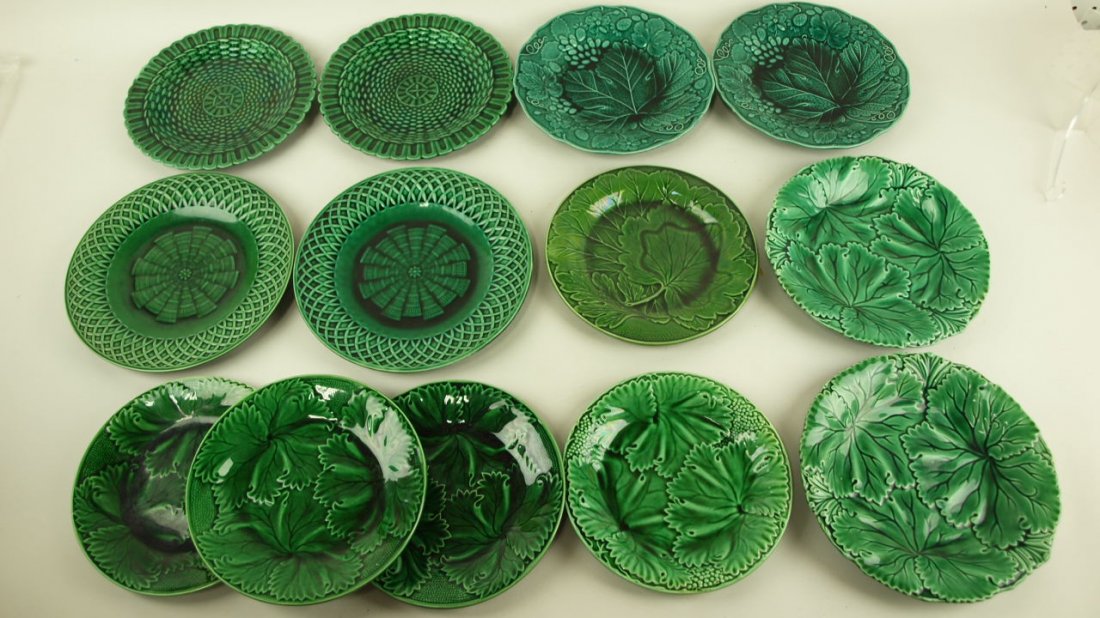 Majolica lot of 13 dark green plates, Minton, Copeland,: Majolica lot of 13 dark green plates, Minton, Copeland, and others, various condition