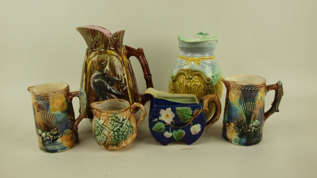 Majolica lot of 6 pitchers & creamers, various: Majolica lot of 6 pitchers & creamers, various condition
