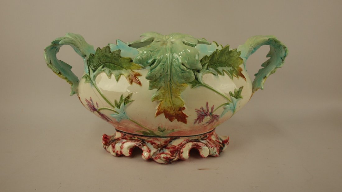 Majolica Delphin Massier oval jardiniere, 17"w, 9"h,: Majolica Delphin Massier oval jardiniere, 17"w, 9"h, hairline