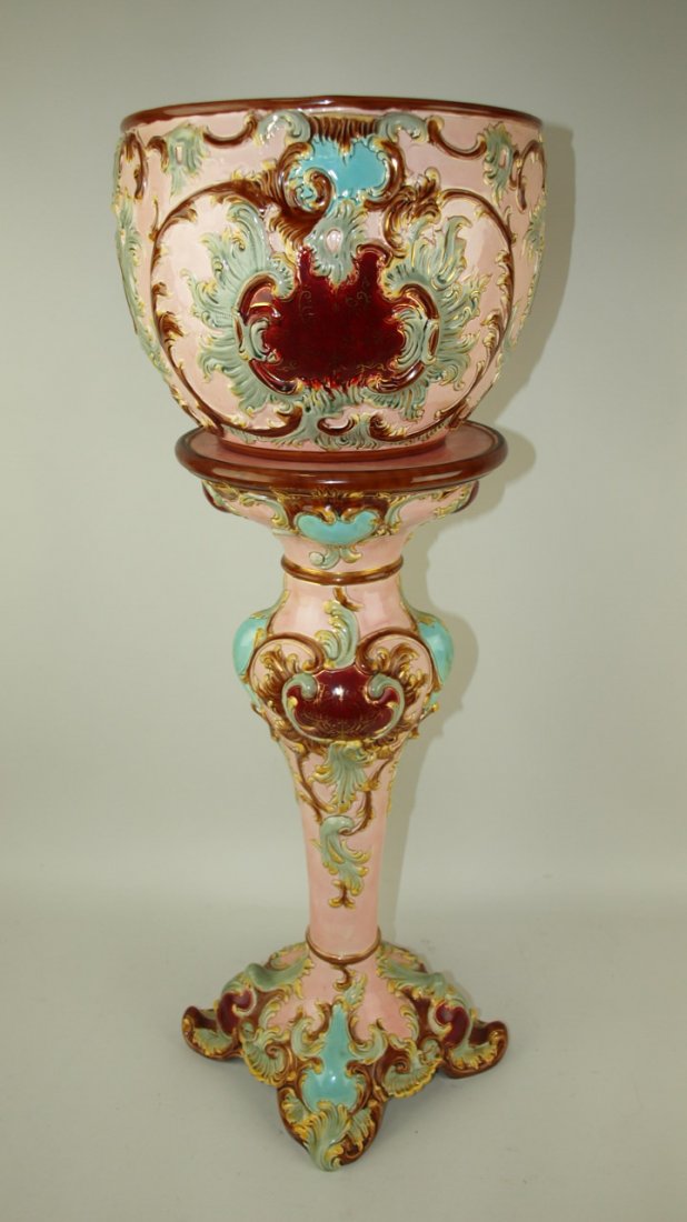 Majolica Julius Dressler jardiniere & pedestal, 31"h: Majolica Julius Dressler jardiniere & pedestal, 31"h