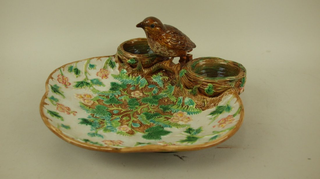 Majolica George Jones strawberry server with bird: Majolica George Jones strawberry server with bird (repaired) and bird's nest