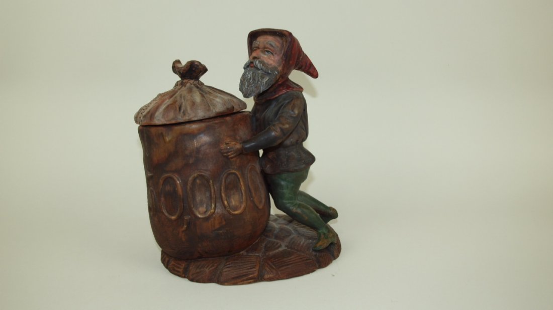 Terra Cotta humidor tobacco jar in the form of a gnome: Terra Cotta humidor tobacco jar in the form of a gnome with bag of gold, #2146, 10"