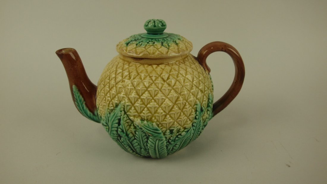 Majolica pineapple teapot, spout repair, 4 1/2" 30: Majolica pineapple teapot, spout repair, 4 1/2" 30