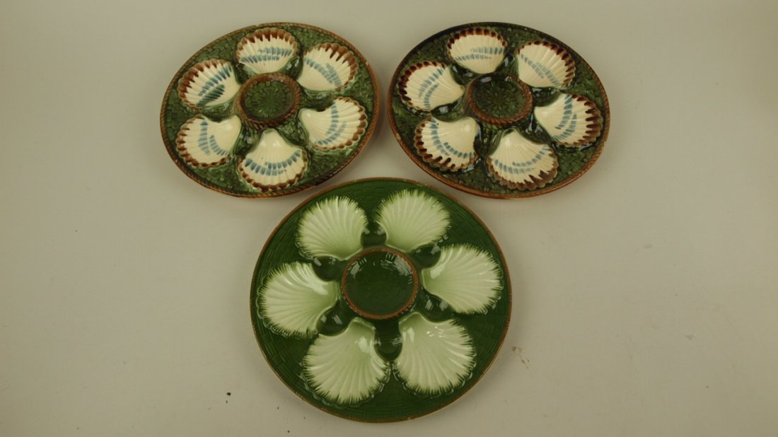 Majolica lot of 3 oyster plates: 2 Longchamp, 1 St.: Majolica lot of 3 oyster plates: 2 Longchamp, 1 St. Clement