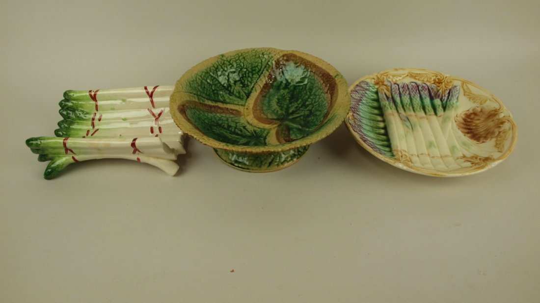 Majolica asparagus cradle, asparagus plate & begonia: Majolica asparagus cradle, asparagus plate & begonia compote, various condition