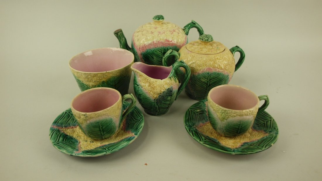 Majolica Etruscan cauliflower tea set with teapot,: Majolica Etruscan cauliflower tea set with teapot, sugar, creamer, waste bowl, 2 cups & saucers, various condition