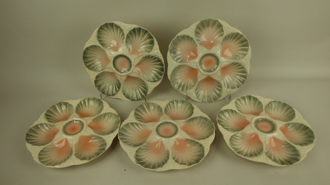 Majolica Sarreguemines set of 5 6 well oyster plates,: Majolica Sarreguemines set of 5 6 well oyster plates, various condition
