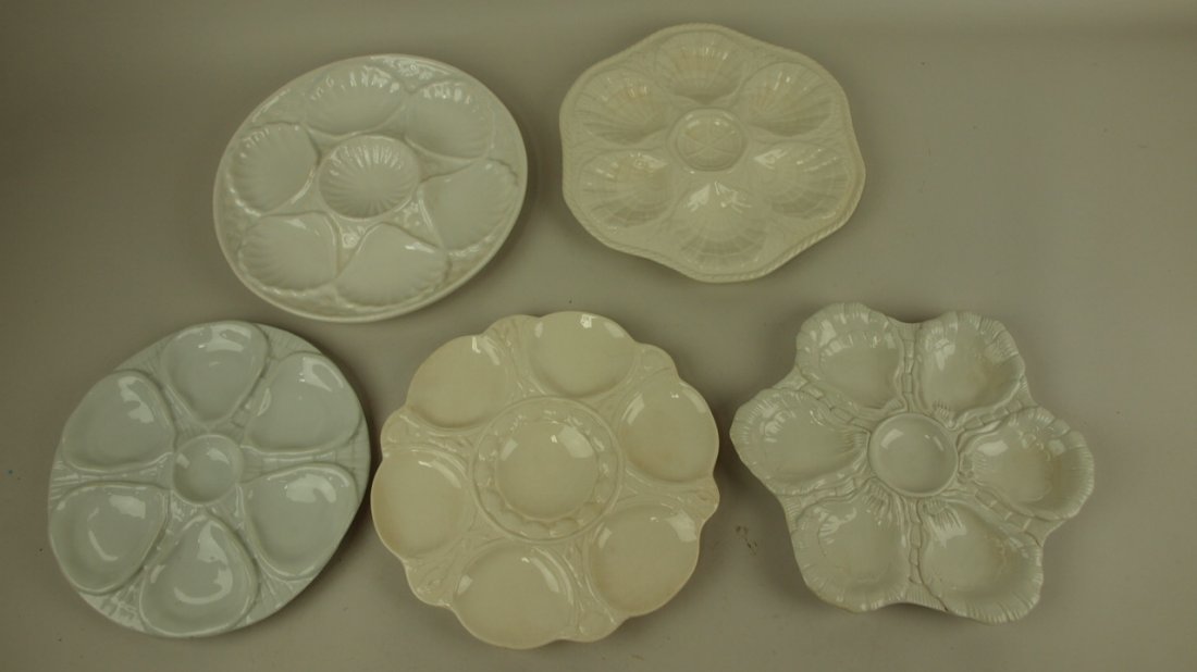 Porcelain and ironstone lot of 5 white oyster plates: Porcelain and ironstone lot of 5 white oyster plates