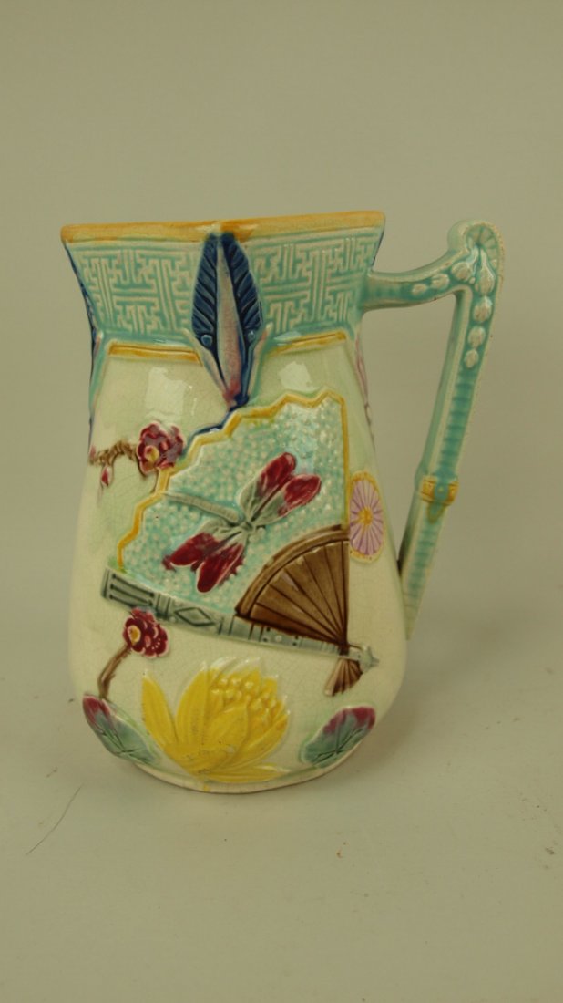 Majolica dragonfly & fan square top pitcher, 8",: Majolica dragonfly & fan square top pitcher, 8", hairline