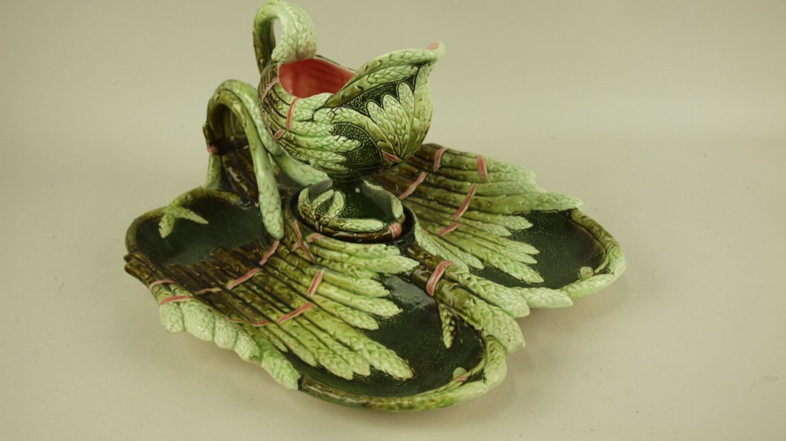 Majolica Julius Dresser asparagus server and sauce: Majolica Julius Dresser asparagus server and sauce boat, professional hairline repair