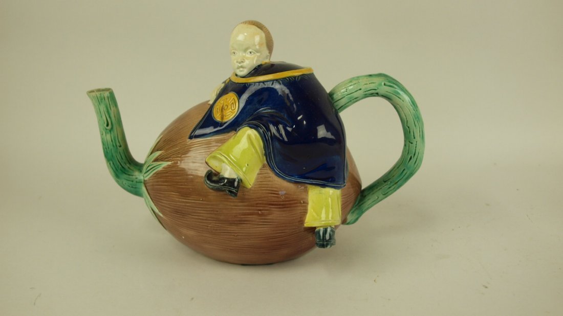 Majolica Holdcroft Chinaman and coconut teapot,: Majolica Holdcroft Chinaman and coconut teapot, hairline, 9 1/2"l