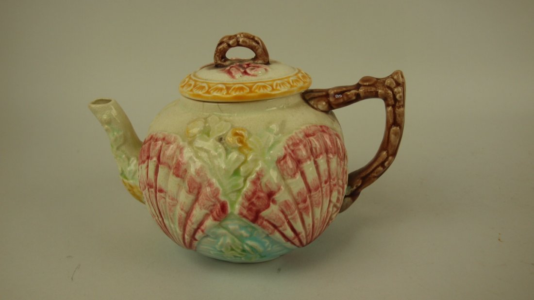 Majolica James Carr shell, seaweed, & coral teapot, 4: Majolica James Carr shell, seaweed, & coral teapot, 4 1/2"