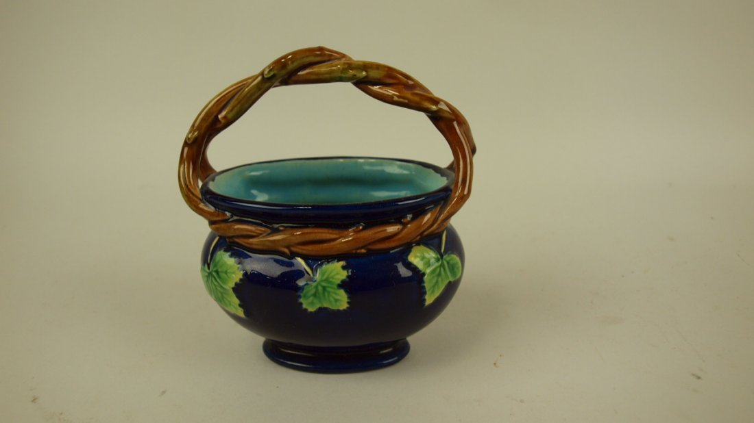 Majolica George Jones cobalt strawberry basket with: Majolica George Jones cobalt strawberry basket with vine handle, 4 1/2"