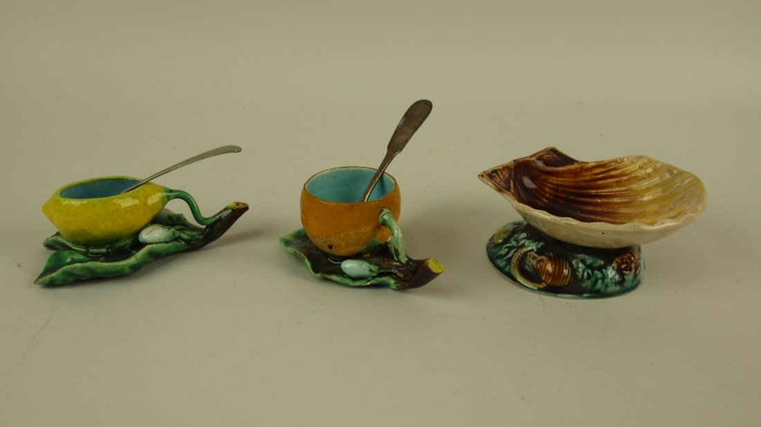 Majolica figural salt lot of 3: Menton, lemon and: Majolica figural salt lot of 3: Menton, lemon and orange, and shell (rim repair