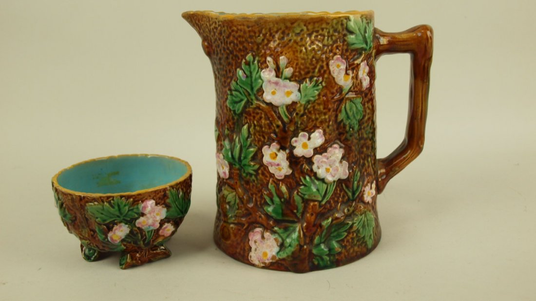 Majolica George Jones rustic pitcher and sugar, various: Majolica George Jones rustic pitcher and sugar, various condition