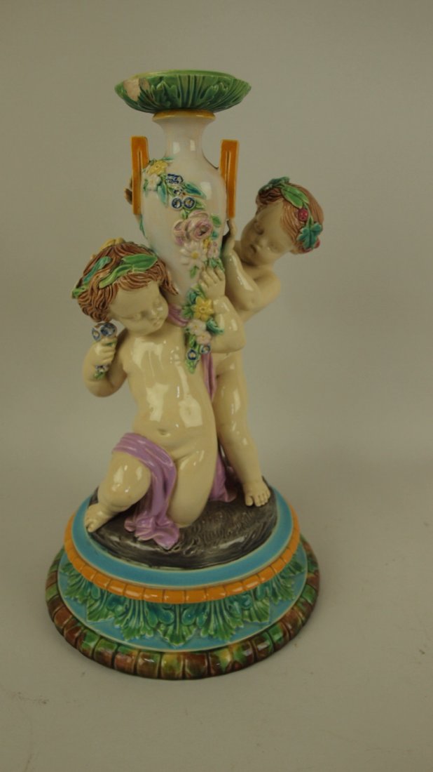 Majolica George Jones figural compote base, chips to: Majolica George Jones figural compote base, chips to top rim, 12"