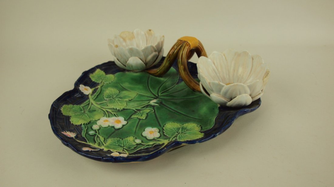 Majolica George Jones cobalt strawberry server with: Majolica George Jones cobalt strawberry server with water lily cup, cream & sugar wells (repair to water lily cup rim) 11"