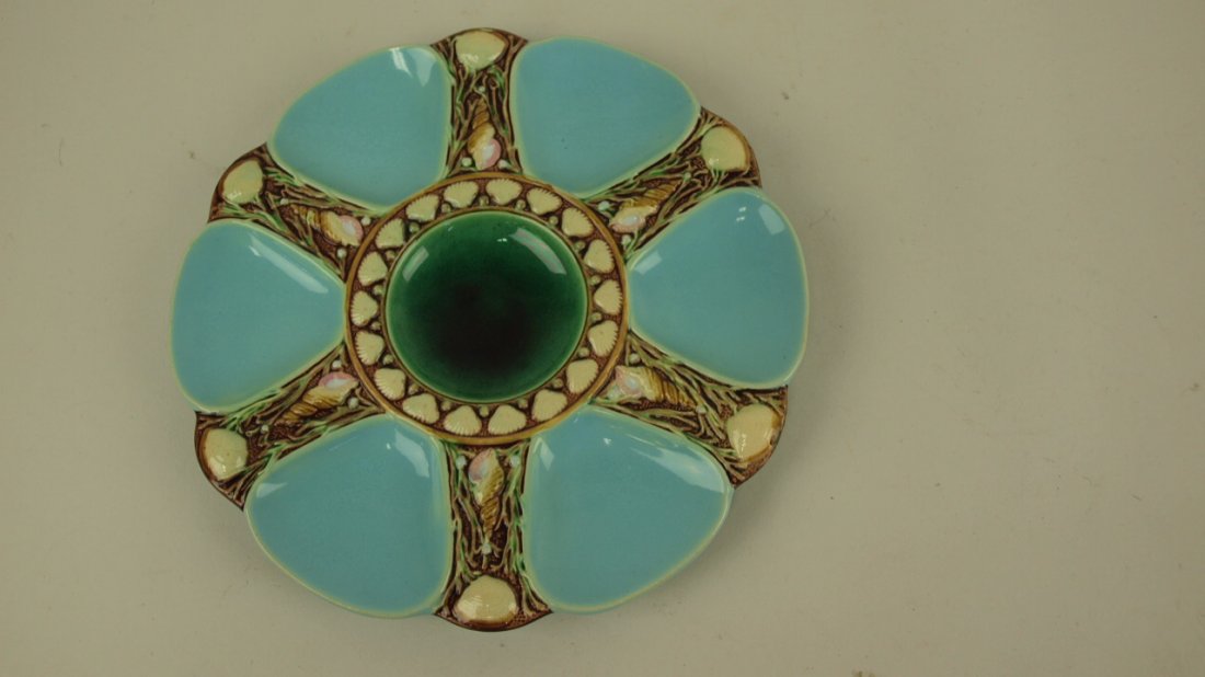 Majolica Minton turquoise 6 well oyster plate #1323, 9": Majolica Minton turquoise 6 well oyster plate #1323, 9"