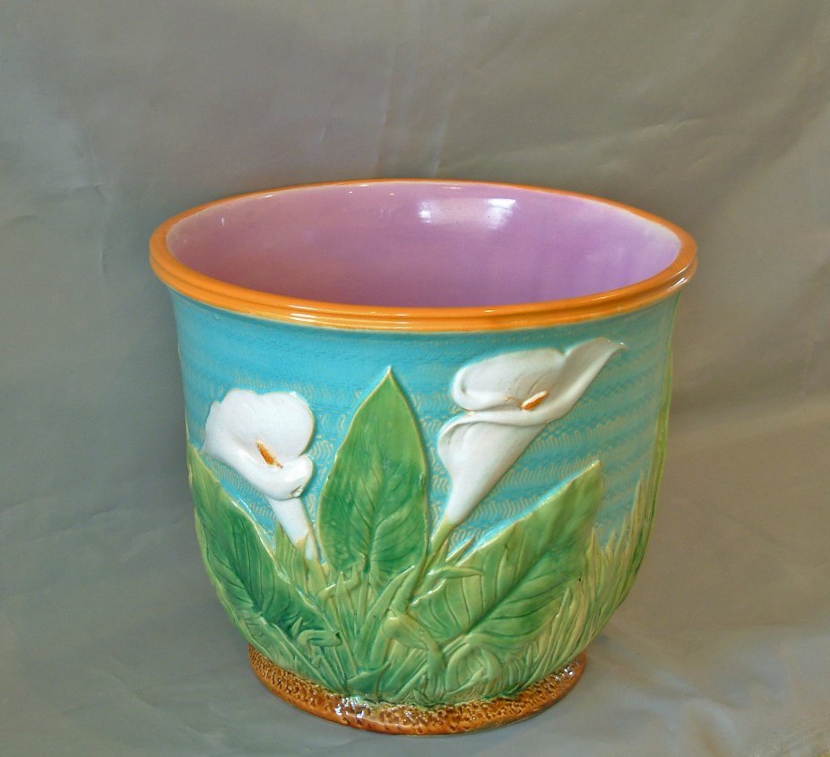 Majolica George Jones call lily jardiniere, 9", great: Majolica George Jones call lily jardiniere, 9", great color and detail. Ref: Karmason-Stacke p 95, professional rim chip repair