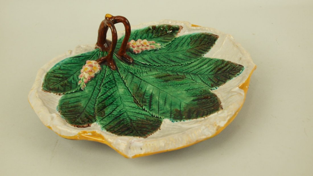 Majolica George Jones chestnut leaf and napkin handled: Majolica George Jones chestnut leaf and napkin handled tray, 10"w, handle replaced