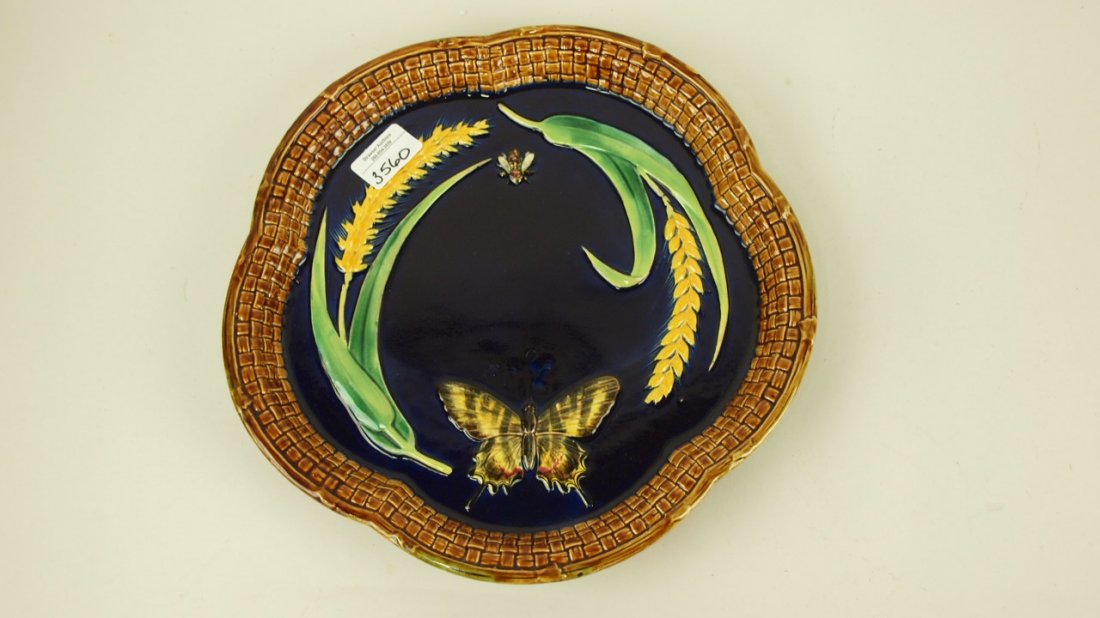 Majolica George Jones cobalt butterfly and wheat tray,: Majolica George Jones cobalt butterfly and wheat tray, 12", glaze imperfection