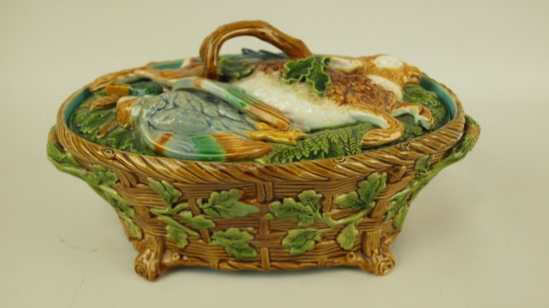 Majolica Minton basket weave game dish with game on: Majolica Minton basket weave game dish with game on lid, hairline repair to base, handle repair to lid, 12 1/2"l
