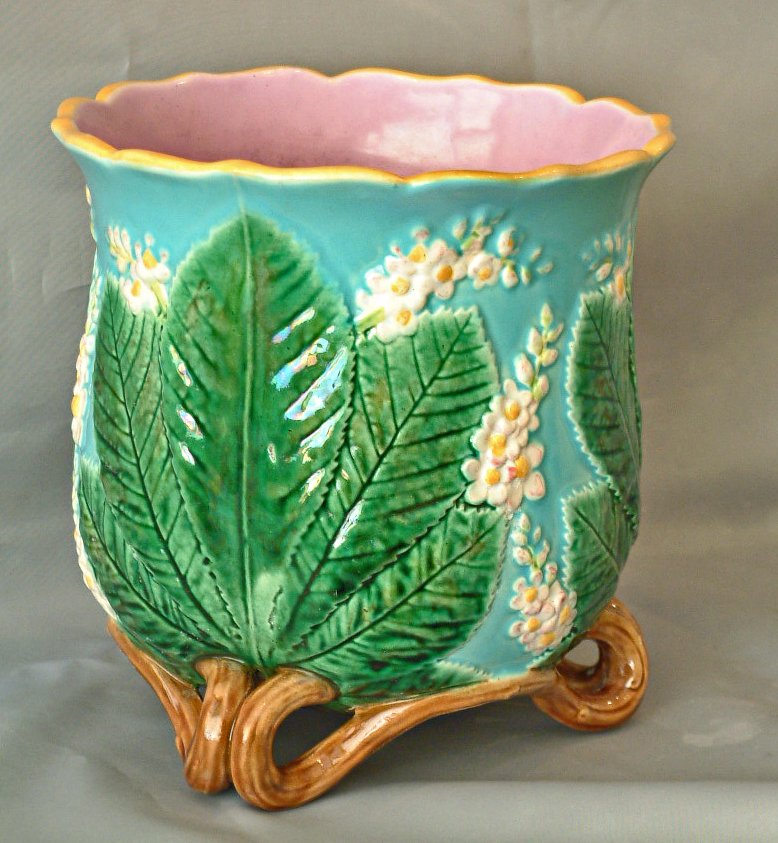 Majolica George Jones flowering chestnut jardiniere: Majolica George Jones flowering chestnut small jardiniere on twig feet, shape no. 1481, great color and detail, 7", hairline