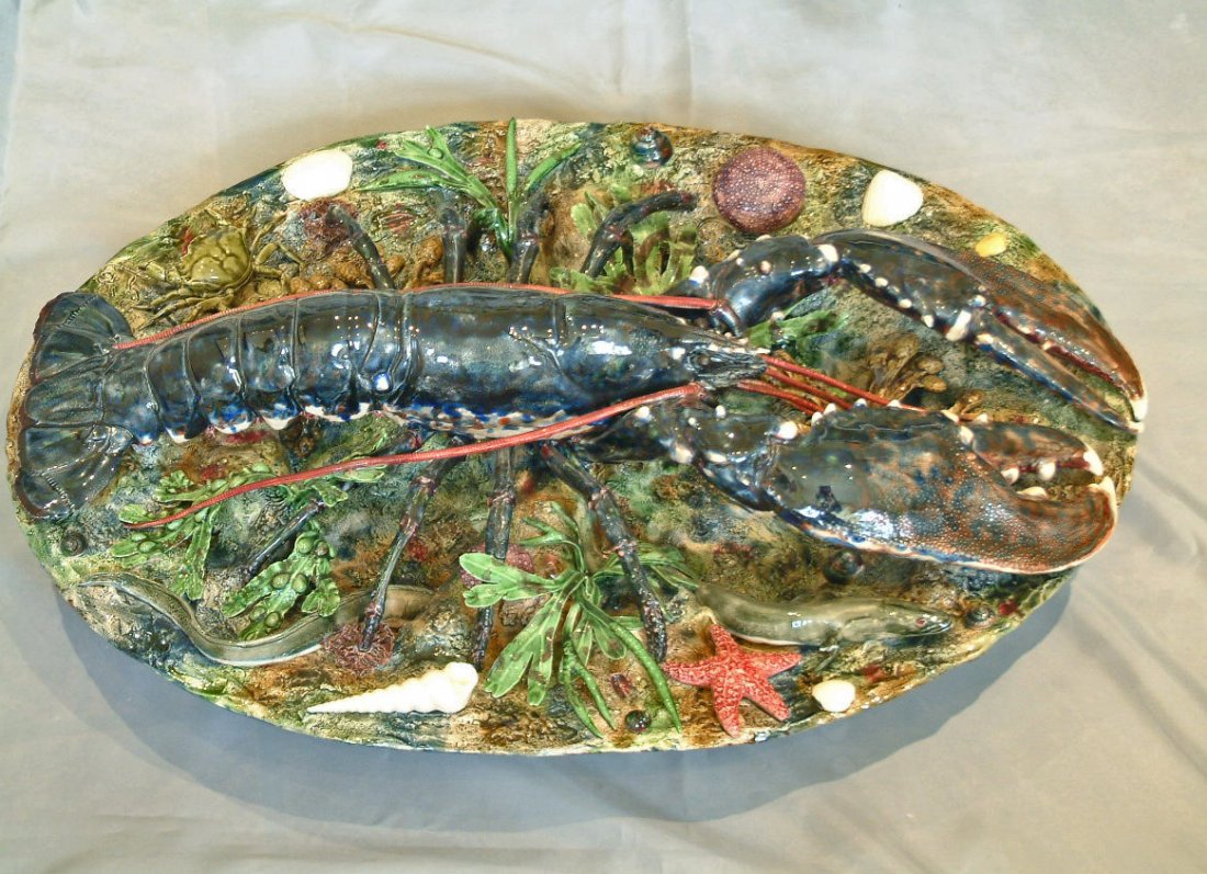 Majolica monumental Geoffrey Luff lobster platter: Majolica monumental Geoffrey Luff lobster platter, outstanding color and detail with eel, crab, shell fish and seaweed, 23"l, 17"w