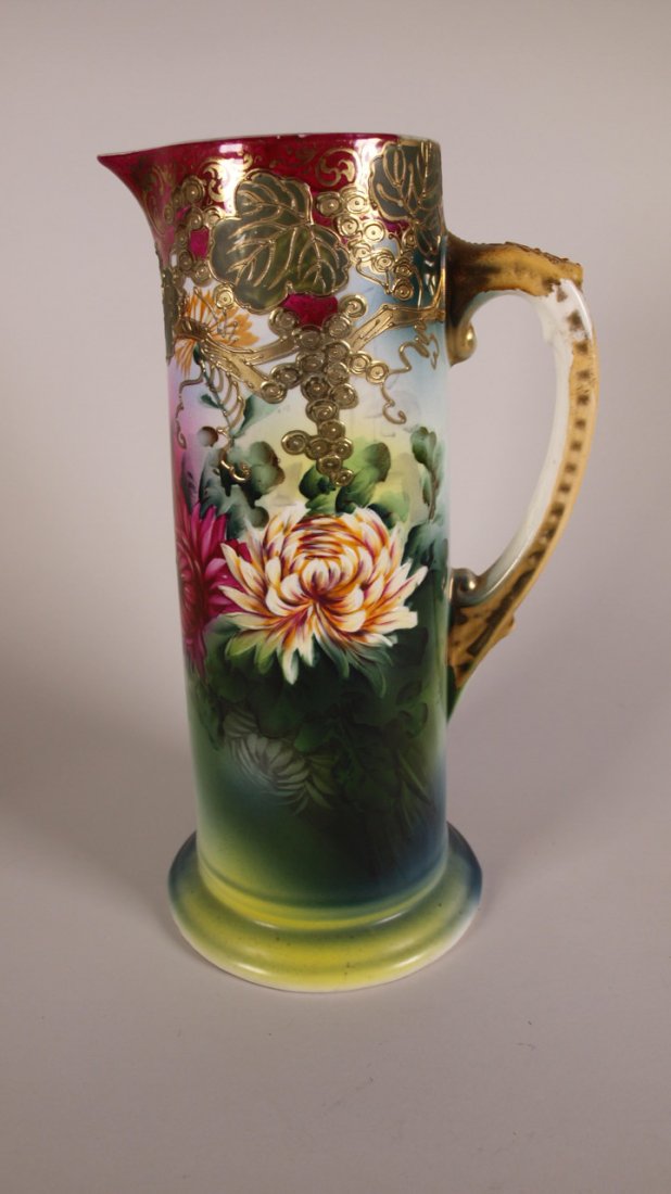 Royal Nippon hand painted floral tankard with gold: Royal Nippon hand painted floral tankard with gold enamel, 12 3/4"