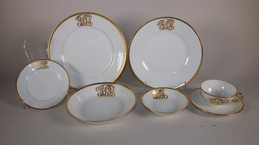 Haviland France set of gold band monogram set of china: Haviland France set of gold band monogram set of china service for 12, plus serving pieces. 7pc place settings, casserole, sauce boat, platters, butter tub, serving bowls, 92 pcs, some losses