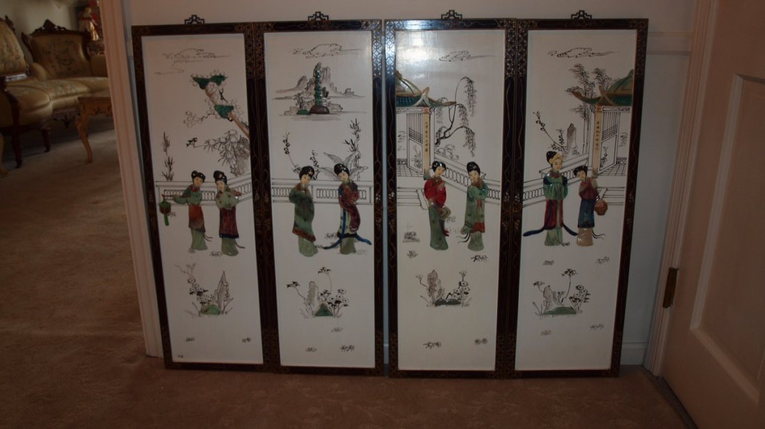 Oriental black lacquered set of 4 wall panels with hand: Oriental black lacquered set of 4 wall panels with hand painted and jade ladies, 12"x36" each