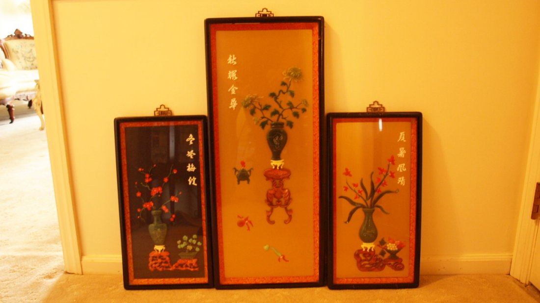 Oriental black lacquered set of 3 wall panels with jade: Oriental black lacquered set of 3 wall panels with jade vase with flowers under glass