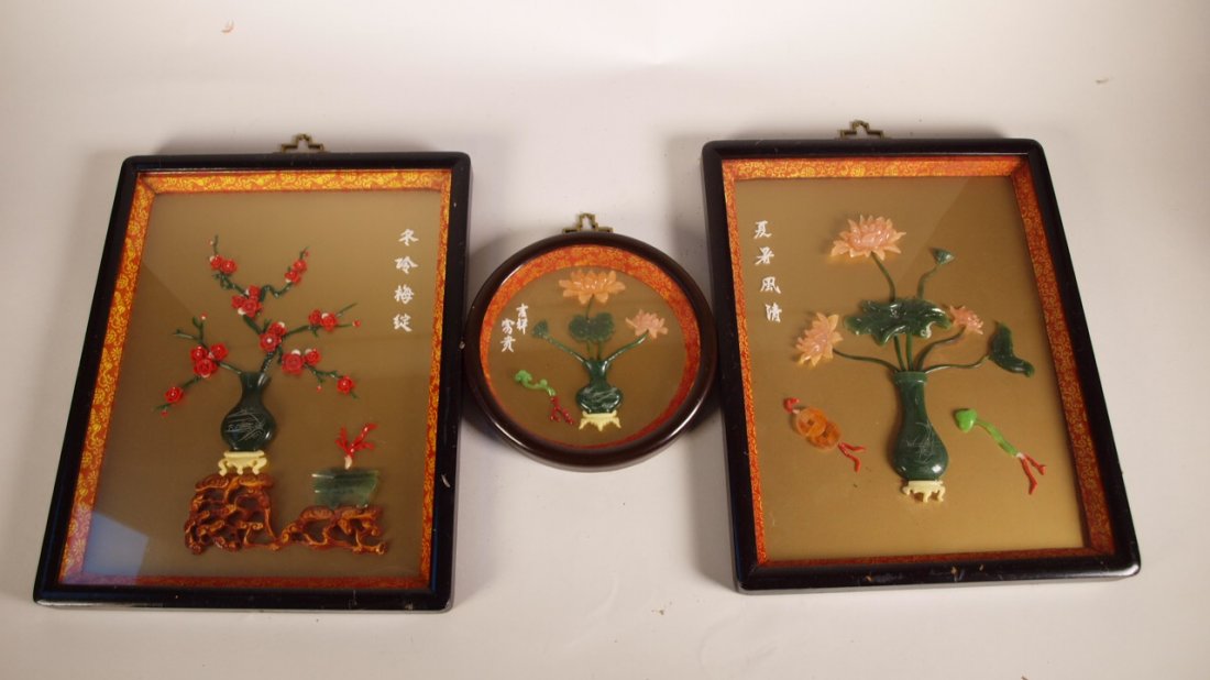 Oriental black lacquered set of 3 wall panels with jade: Oriental black lacquered set of 3 wall panels with jade vase with flowers under glass