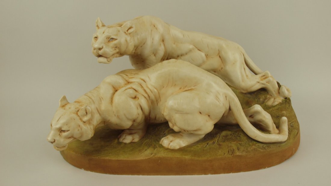 Royal Dux large pair of lions figure 19"l, 9 1/2", very: Royal Dux large pair of lions figure 19"l, 9 1/2", very minor base rim flakes, #2169-30