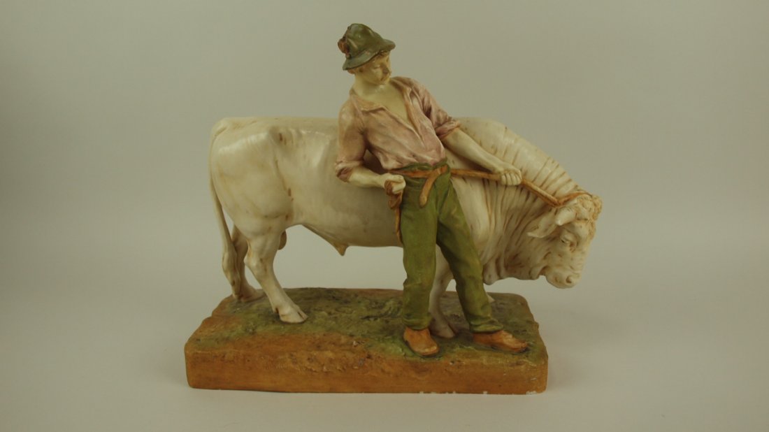 Royal Dux man with bull figure #777, 14"l, 11"h, very: Royal Dux man with bull figure #777, 14"l, 11"h, very minor base rim nicks