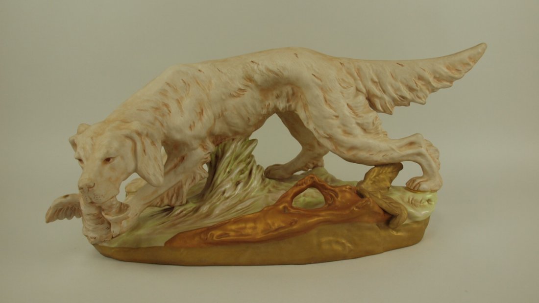Royal Dux large bird dog with game bird figure, 20: Royal Dux large bird dog with game bird figure, 20 1/2"l, 9"h