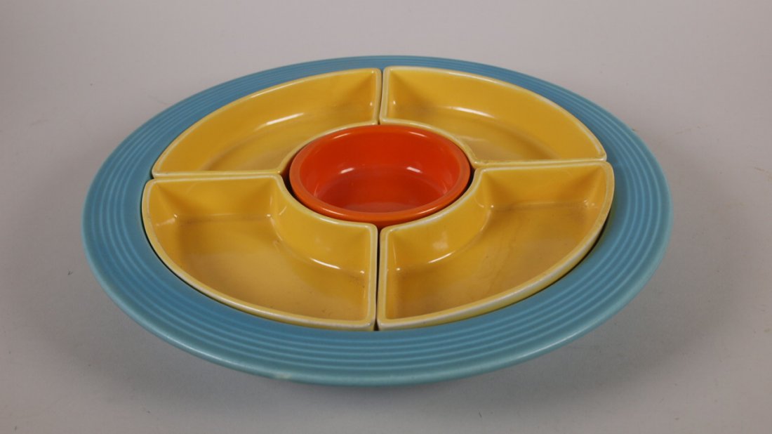 Fiesta relish tray: turquoise tray, red center, 4 (1 of 1)