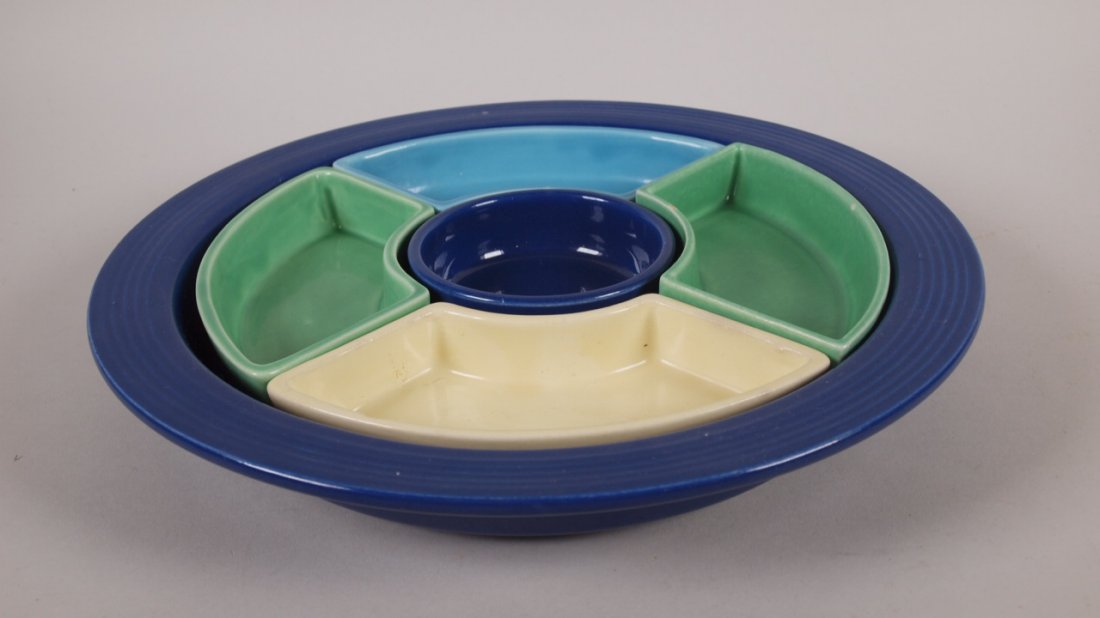 Fiesta relish tray: cobalt tray, cobalt center, 2 green (1 of 1)