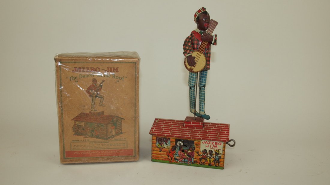 Ferdinand Strauss "Jazzbo-Jim, the Dancer on the Roof": Ferdinand Strauss "Jazzbo-Jim, the Dancer on the Roof" tin lithograph, wind up toy with origianal box