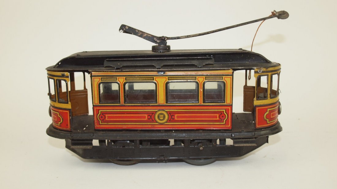 Gunthermann tin lithograph wind up trolley, 10 1/2": Gunthermann tin lithograph wind up trolley, 10 1/2"