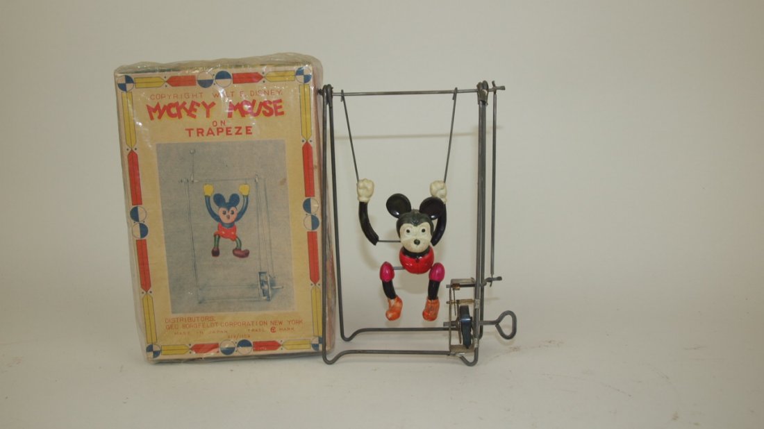 Mickey Mouse Trapeze celluloid and tin wind up toy with: Mickey Mouse Trapeze celluloid and tin wind up toy with original box