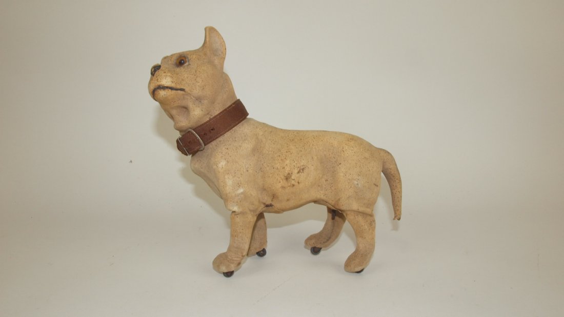 Antique leather covered boxer dog wind up toy, 9"L: Antique leather covered boxer dog wind up toy, 9"L