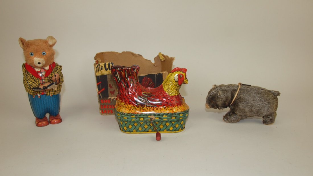 Lot of 2 wind up toys: Bruno the Spectacle bear,: Lot of 2 wind up toys: Bruno the Spectacle bear, Baldwin chicken with eggs and partial original box, and fur covered gopher wind up