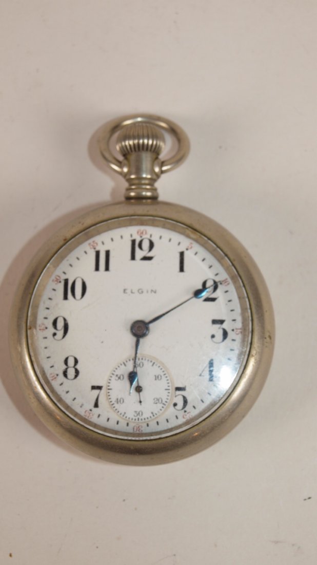 Elgin open face pocket watch with nickel silver case: Elgin open face pocket watch with nickel silver case