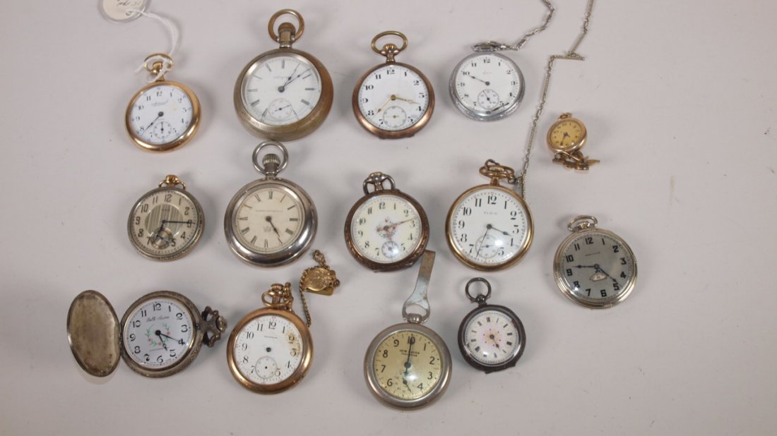 Lot of 14 pocket watches: Elgin, New Haven, Hamilton,: Lot of 14 pocket watches: Elgin, New Haven, Hamilton, Waterbury, Waltham, and others in various conditions